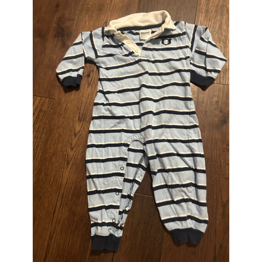Izod Baby Boys Blue Striped Long Sleeve Rugby Romper One Piece Size 24 Months